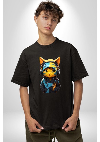 Bandana Kedi Kulaklık Çeket Pamuklu Bisiklet Yaka Kadın Erkek Oversize Boyfriend Dijital Baskılı Siyah T-Shirt indirimleri