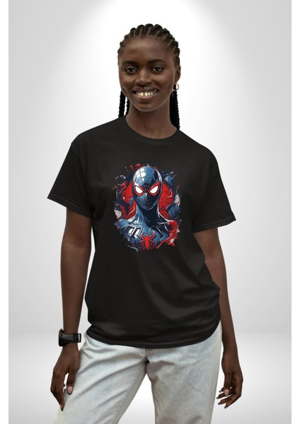 Kadın Spiderwoman Miles Morales Pamuklu Bisiklet Yaka Kadın Erkek Oversize Boyfriend Dijital Baskılı Siyah T-Shirt