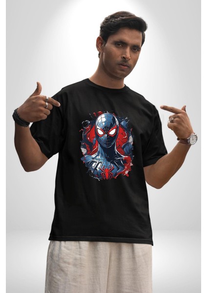 Kadın Spiderwoman Miles Morales Pamuklu Bisiklet Yaka Kadın Erkek Oversize Boyfriend Dijital Baskılı Siyah T-Shirt