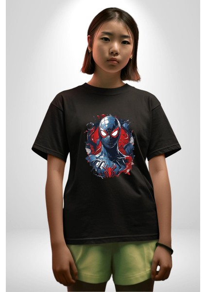 Kadın Spiderwoman Miles Morales Pamuklu Bisiklet Yaka Kadın Erkek Oversize Boyfriend Dijital Baskılı Siyah T-Shirt