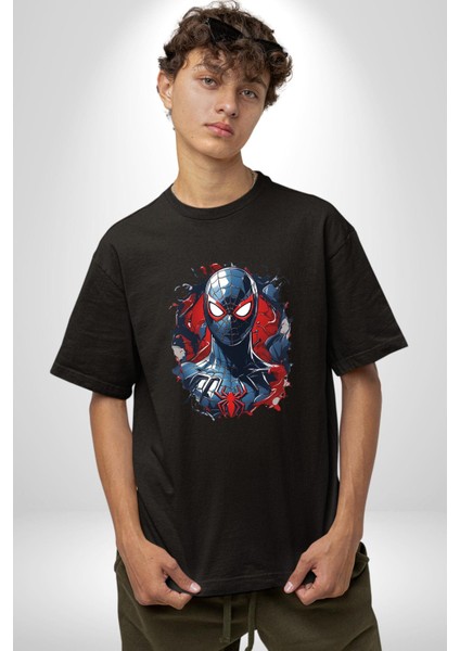 Kadın Spiderwoman Miles Morales Pamuklu Bisiklet Yaka Kadın Erkek Oversize Boyfriend Dijital Baskılı Siyah T-Shirt