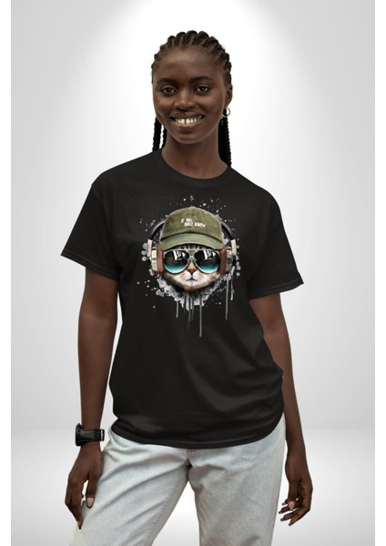 Havalı Pilot Şapkalı Müzik Dinleyen Kedi Pamuklu Bisiklet Yaka Kadın Erkek Oversize Boyfriend Dijital Baskılı Siyah T-Shirt modelleri