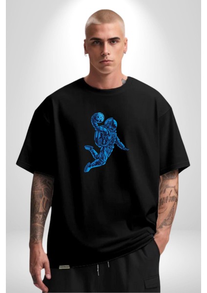 Basketbol Mars Uzay Smaçı Pamuklu Bisiklet Yaka Kadın Erkek Oversize Boyfriend Dijital Baskılı Siyah T-Shirt