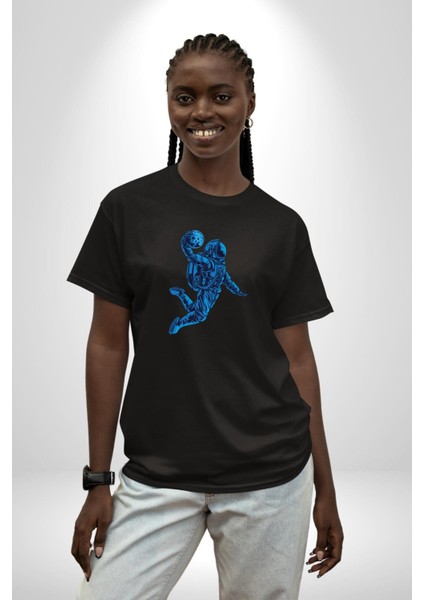Basketbol Mars Uzay Smaçı Pamuklu Bisiklet Yaka Kadın Erkek Oversize Boyfriend Dijital Baskılı Siyah T-Shirt