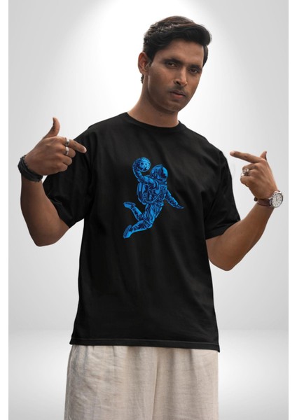 Basketbol Mars Uzay Smaçı Pamuklu Bisiklet Yaka Kadın Erkek Oversize Boyfriend Dijital Baskılı Siyah T-Shirt