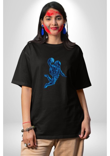 Basketbol Mars Uzay Smaçı Pamuklu Bisiklet Yaka Kadın Erkek Oversize Boyfriend Dijital Baskılı Siyah T-Shirt