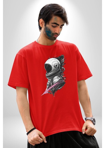 Astronot Kafası Pamuklu Bisiklet Yaka Kadın Erkek Oversize Boyfriend Dijital Baskılı Kırmızı T-Shirt