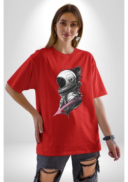 Astronot Kafası Pamuklu Bisiklet Yaka Kadın Erkek Oversize Boyfriend Dijital Baskılı Kırmızı T-Shirt fiyatları