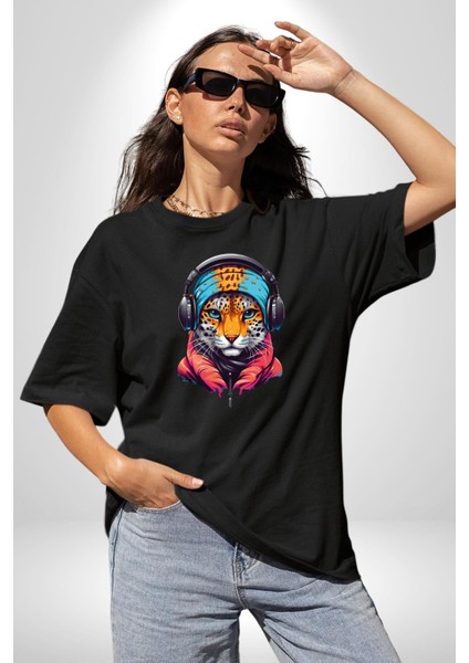 Kulaklık Kedi Leopar Bandana Pamuklu Bisiklet Yaka Kadın Erkek Oversize Boyfriend Dijital Baskılı Siyah T-Shirt