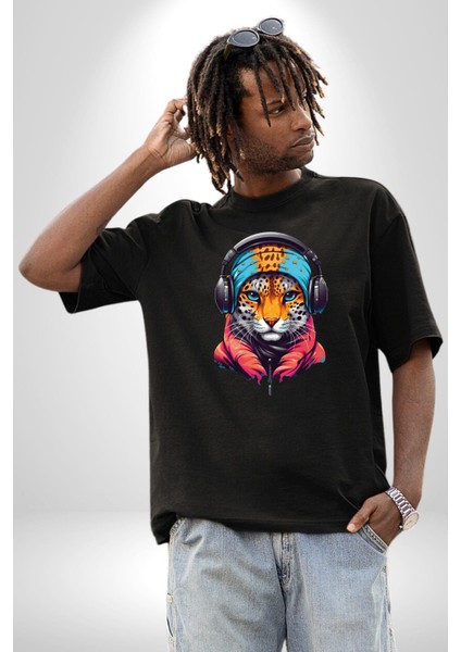 Kulaklık Kedi Leopar Bandana Pamuklu Bisiklet Yaka Kadın Erkek Oversize Boyfriend Dijital Baskılı Siyah T-Shirt fiyatları