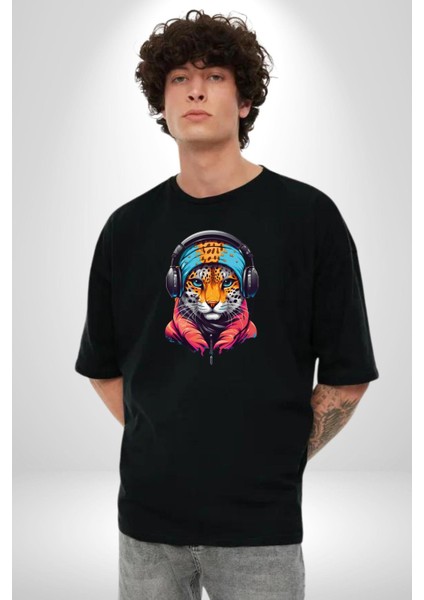 Kulaklık Kedi Leopar Bandana Pamuklu Bisiklet Yaka Kadın Erkek Oversize Boyfriend Dijital Baskılı Siyah T-Shirt modelleri