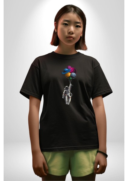 Gezegenler Balon Astronot Yükselişi Pamuklu Bisiklet Yaka Kadın Erkek Oversize Boyfriend Dijital Baskılı Siyah T-Shirt fiyatları