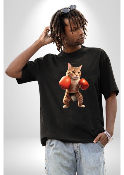 Boks Yapan Kedi Pamuklu Bisiklet Yaka Kadın Erkek Oversize Boyfriend Dijital Baskılı Siyah T-Shirt fiyatları