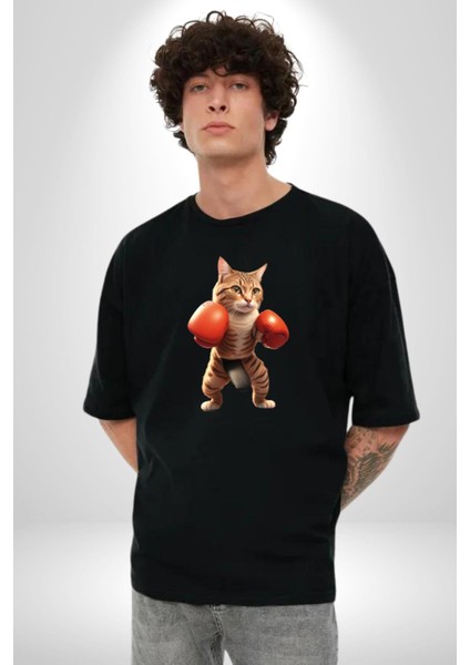 Boks Yapan Kedi Pamuklu Bisiklet Yaka Kadın Erkek Oversize Boyfriend Dijital Baskılı Siyah T-Shirt modelleri