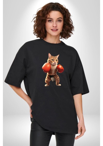 Boks Yapan Kedi Pamuklu Bisiklet Yaka Kadın Erkek Oversize Boyfriend Dijital Baskılı Siyah T-Shirt fırsatları