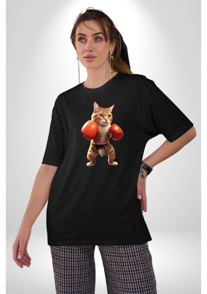 Boks Yapan Kedi Pamuklu Bisiklet Yaka Kadın Erkek Oversize Boyfriend Dijital Baskılı Siyah T-Shirt indirimleri
