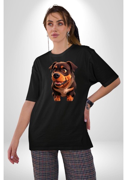 Sevimli Çoban Köpeği Pamuklu Bisiklet Yaka Kadın Erkek Oversize Boyfriend Dijital Baskılı Siyah T-Shirt