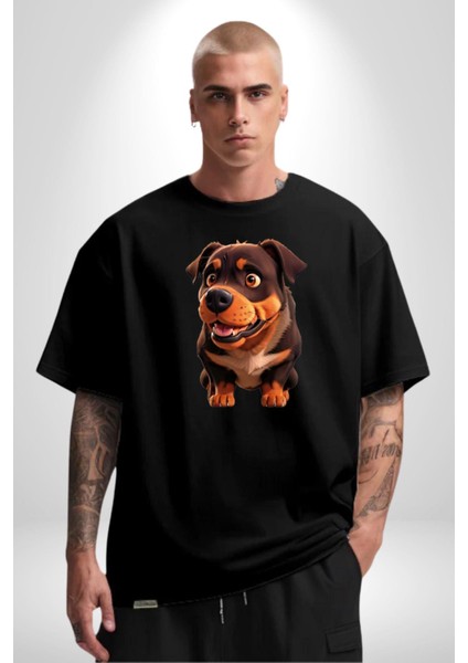 Sevimli Çoban Köpeği Pamuklu Bisiklet Yaka Kadın Erkek Oversize Boyfriend Dijital Baskılı Siyah T-Shirt