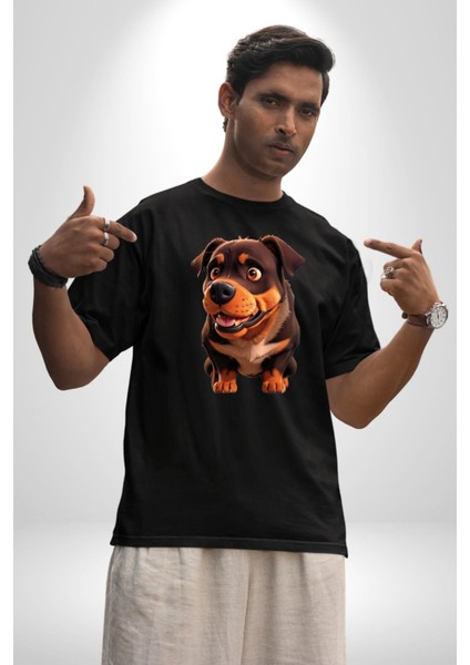 Sevimli Çoban Köpeği Pamuklu Bisiklet Yaka Kadın Erkek Oversize Boyfriend Dijital Baskılı Siyah T-Shirt