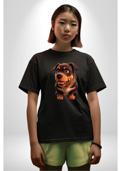 Sevimli Çoban Köpeği Pamuklu Bisiklet Yaka Kadın Erkek Oversize Boyfriend Dijital Baskılı Siyah T-Shirt
