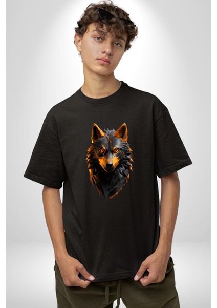 Siyah Ateşli Sinirli Kurt Pamuklu Bisiklet Yaka Kadın Erkek Oversize Boyfriend Dijital Baskılı Siyah T-Shirt fiyatları