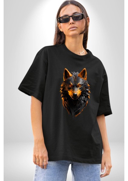 Siyah Ateşli Sinirli Kurt Pamuklu Bisiklet Yaka Kadın Erkek Oversize Boyfriend Dijital Baskılı Siyah T-Shirt modelleri