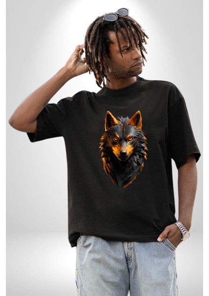 Siyah Ateşli Sinirli Kurt Pamuklu Bisiklet Yaka Kadın Erkek Oversize Boyfriend Dijital Baskılı Siyah T-Shirt indirimleri