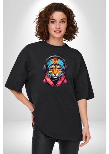 Kulaklık Kedi Leopar Bandana Pamuklu Bisiklet Yaka Kadın Erkek Oversize Boyfriend Dijital Baskılı Siyah T-Shirt fırsatları