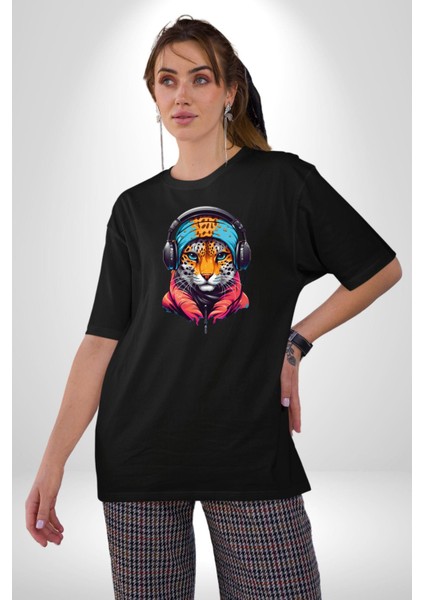 Kulaklık Kedi Leopar Bandana Pamuklu Bisiklet Yaka Kadın Erkek Oversize Boyfriend Dijital Baskılı Siyah T-Shirt indirimleri
