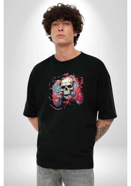 Oyun Kumandası Insanı Ele Geçirişi Pamuklu Bisiklet Yaka Kadın Erkek Oversize Boyfriend Dijital Baskılı Siyah T-Shirt