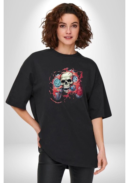 Oyun Kumandası Insanı Ele Geçirişi Pamuklu Bisiklet Yaka Kadın Erkek Oversize Boyfriend Dijital Baskılı Siyah T-Shirt fiyatları