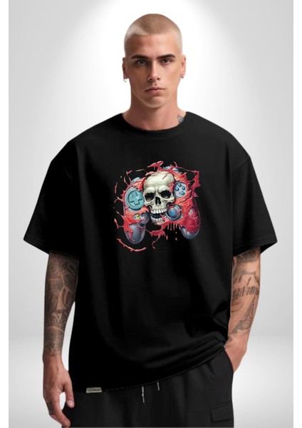 Oyun Kumandası Insanı Ele Geçirişi Pamuklu Bisiklet Yaka Kadın Erkek Oversize Boyfriend Dijital Baskılı Siyah T-Shirt fırsatları