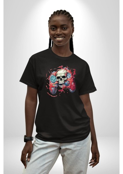 Oyun Kumandası Insanı Ele Geçirişi Pamuklu Bisiklet Yaka Kadın Erkek Oversize Boyfriend Dijital Baskılı Siyah T-Shirt indirimleri