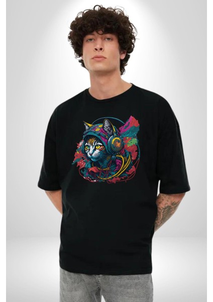 Kulaklık Kedi Müzik Tekir Pamuklu Bisiklet Yaka Kadın Erkek Oversize Boyfriend Dijital Baskılı Siyah T-Shirt