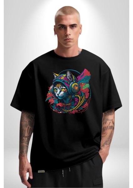 Kulaklık Kedi Müzik Tekir Pamuklu Bisiklet Yaka Kadın Erkek Oversize Boyfriend Dijital Baskılı Siyah T-Shirt fırsatları
