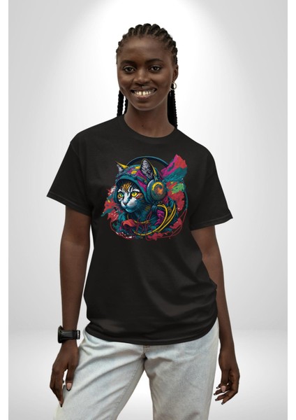 Kulaklık Kedi Müzik Tekir Pamuklu Bisiklet Yaka Kadın Erkek Oversize Boyfriend Dijital Baskılı Siyah T-Shirt indirimleri
