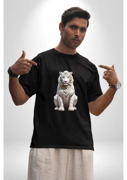 Beyaz Kaplan Pamuklu Bisiklet Yaka Kadın Erkek Oversize Boyfriend Dijital Baskılı Siyah T-Shirt