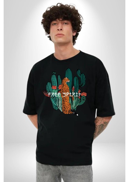 Kaktüs Çita Pamuklu Bisiklet Yaka Kadın Erkek Oversize Boyfriend Dijital Baskılı Siyah T-Shirt