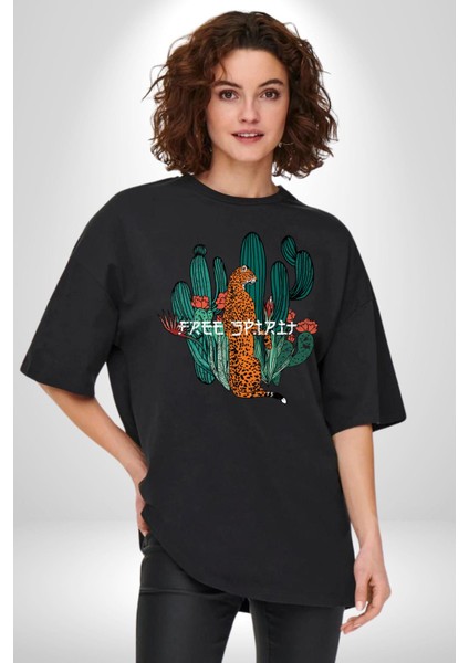 Kaktüs Çita Pamuklu Bisiklet Yaka Kadın Erkek Oversize Boyfriend Dijital Baskılı Siyah T-Shirt