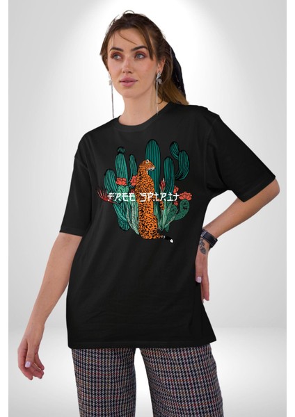 Kaktüs Çita Pamuklu Bisiklet Yaka Kadın Erkek Oversize Boyfriend Dijital Baskılı Siyah T-Shirt