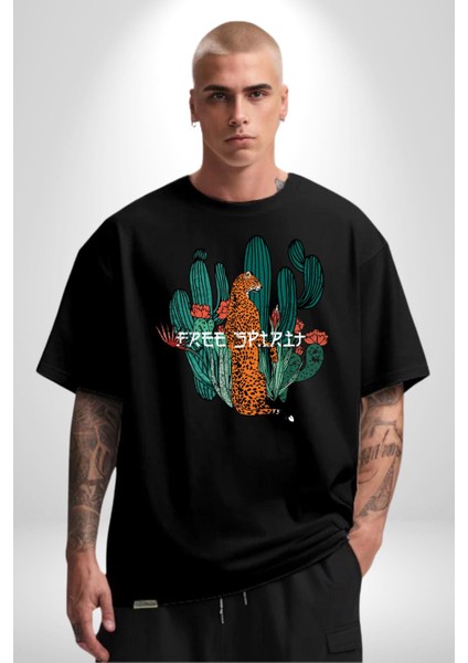 Kaktüs Çita Pamuklu Bisiklet Yaka Kadın Erkek Oversize Boyfriend Dijital Baskılı Siyah T-Shirt