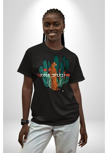 Kaktüs Çita Pamuklu Bisiklet Yaka Kadın Erkek Oversize Boyfriend Dijital Baskılı Siyah T-Shirt