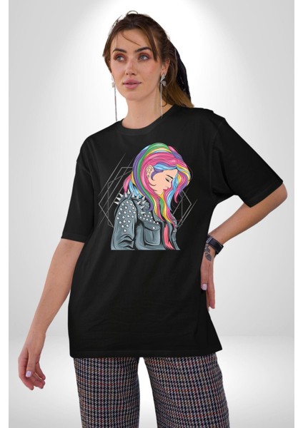 Metal Müzik Çeket Pamuklu Bisiklet Yaka Kadın Erkek Oversize Boyfriend Dijital Baskılı Siyah T-Shirt