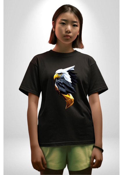 Yapay Zeka Kartal Kuş Tasarımı Pamuklu Bisiklet Yaka Kadın Erkek Oversize Boyfriend Dijital Baskılı Siyah T-Shirt fiyatları
