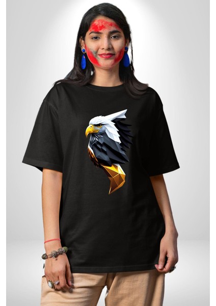 Yapay Zeka Kartal Kuş Tasarımı Pamuklu Bisiklet Yaka Kadın Erkek Oversize Boyfriend Dijital Baskılı Siyah T-Shirt modelleri