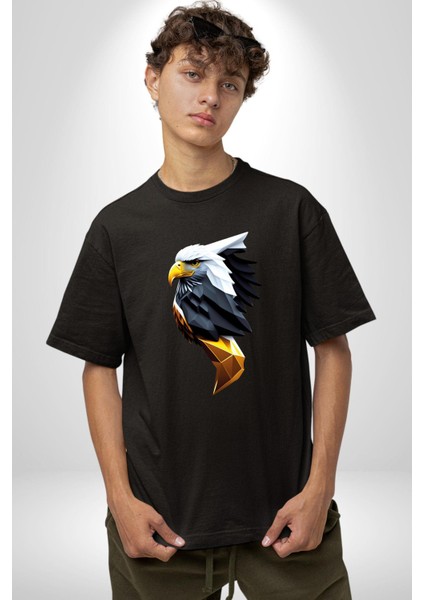 Yapay Zeka Kartal Kuş Tasarımı Pamuklu Bisiklet Yaka Kadın Erkek Oversize Boyfriend Dijital Baskılı Siyah T-Shirt fırsatları