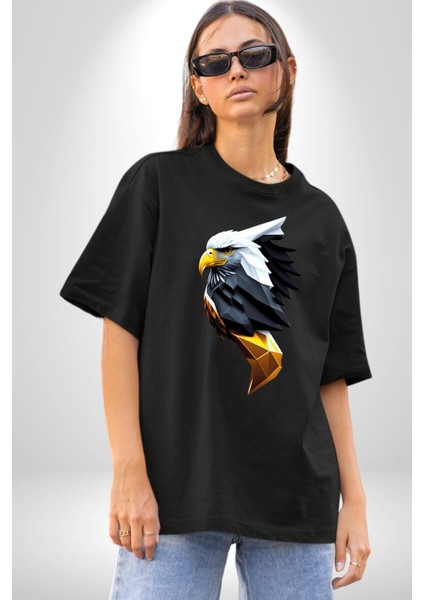 Yapay Zeka Kartal Kuş Tasarımı Pamuklu Bisiklet Yaka Kadın Erkek Oversize Boyfriend Dijital Baskılı Siyah T-Shirt indirimleri