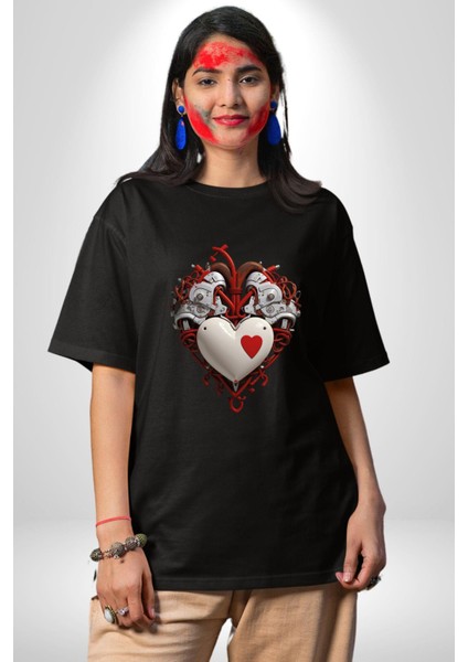 Robot Kalp Atardamar Pamuklu Bisiklet Yaka Kadın Erkek Oversize Boyfriend Dijital Baskılı Siyah T-Shirt