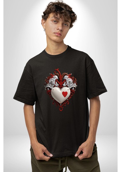Robot Kalp Atardamar Pamuklu Bisiklet Yaka Kadın Erkek Oversize Boyfriend Dijital Baskılı Siyah T-Shirt