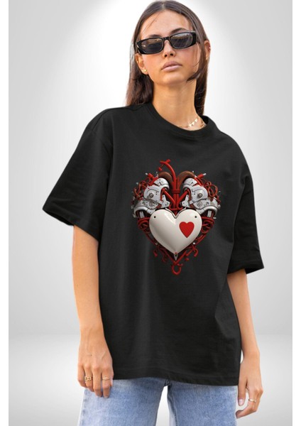 Robot Kalp Atardamar Pamuklu Bisiklet Yaka Kadın Erkek Oversize Boyfriend Dijital Baskılı Siyah T-Shirt